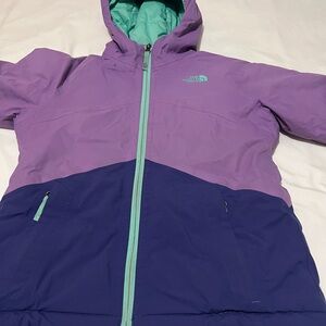 The North Face Purple and Turquoise ski jacket.
